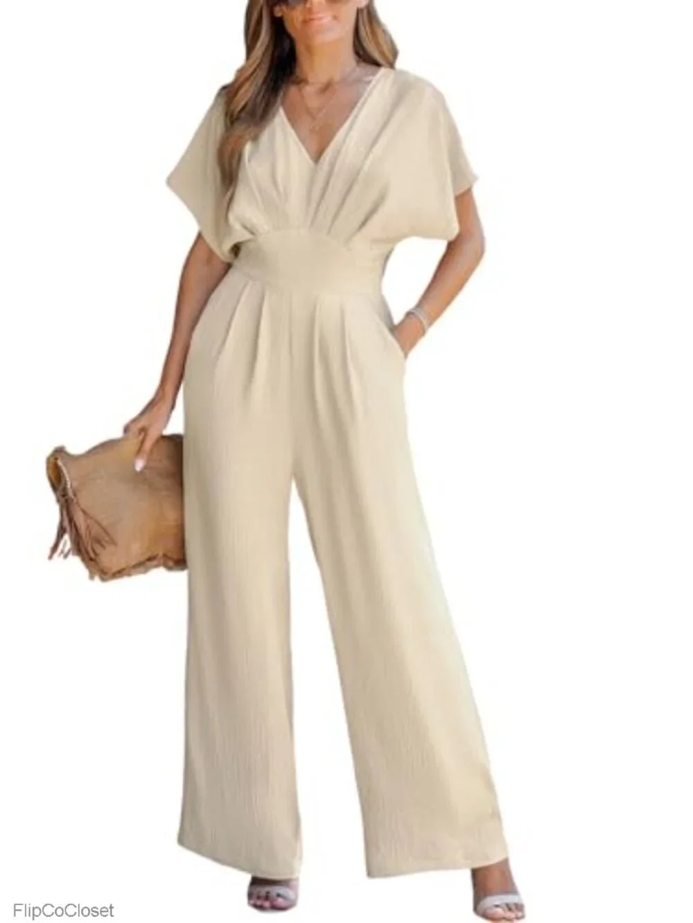 Women's Wide Leg Jumpsuit with Batwing Sleeve V-Neck Summer Vacation Wear